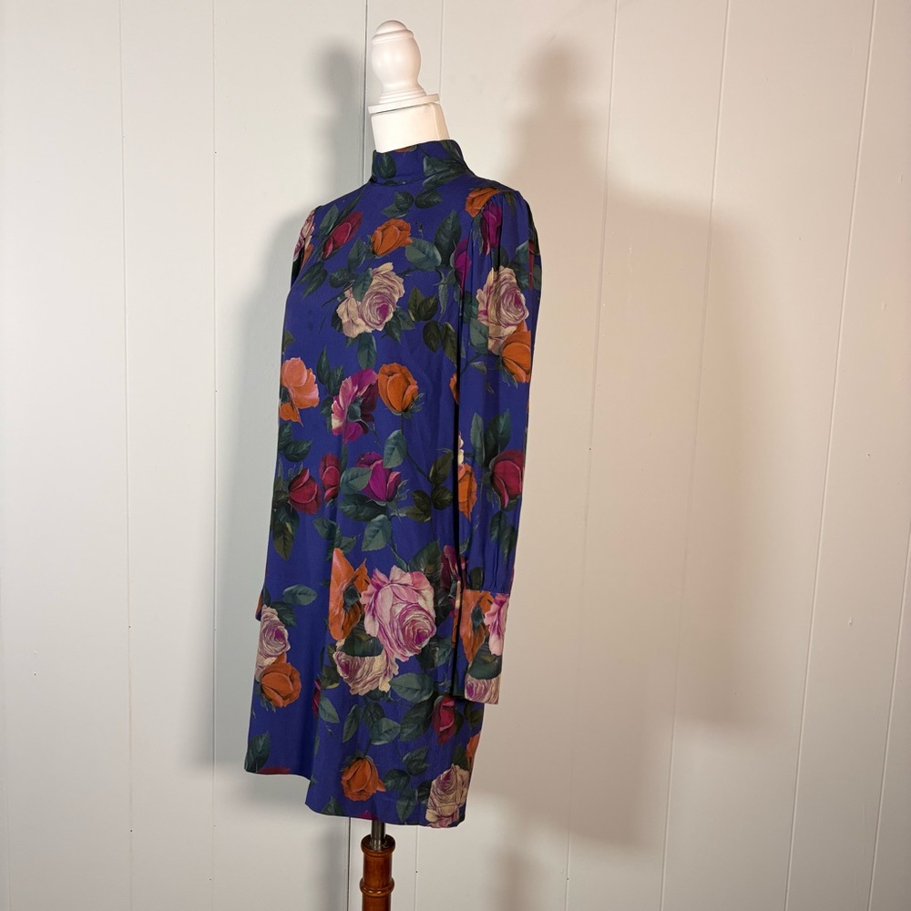 90s Nicole Miller Floral Dress Women’s S Long Sleeve Mock Neck Shift Mod Retro - Picture 2 of 8